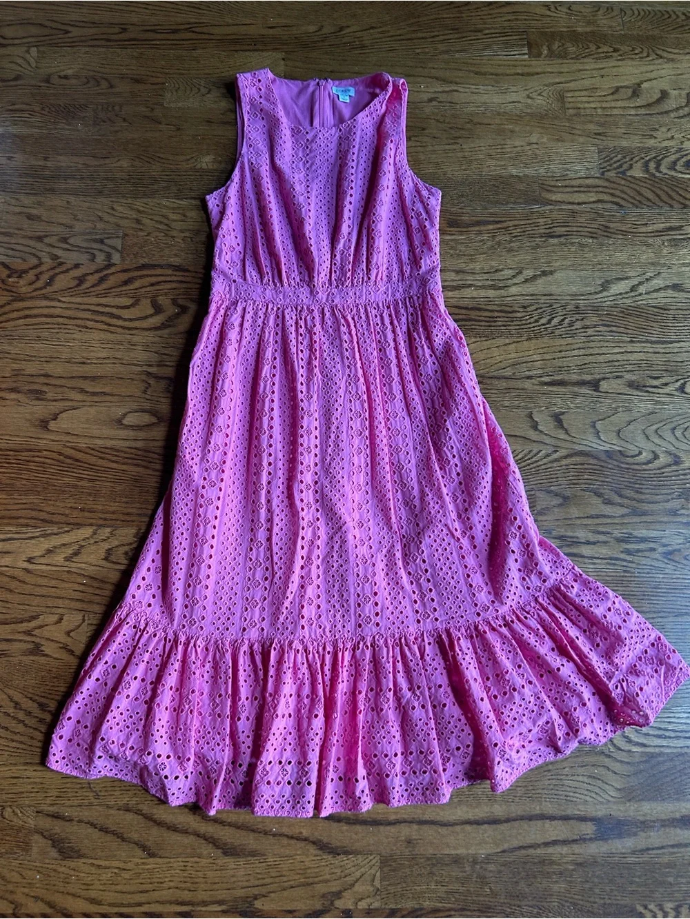 J.Crew Factory Pink Eyelet Midi Dress Size 2 Sleeveless Cotton Ruffle Hem